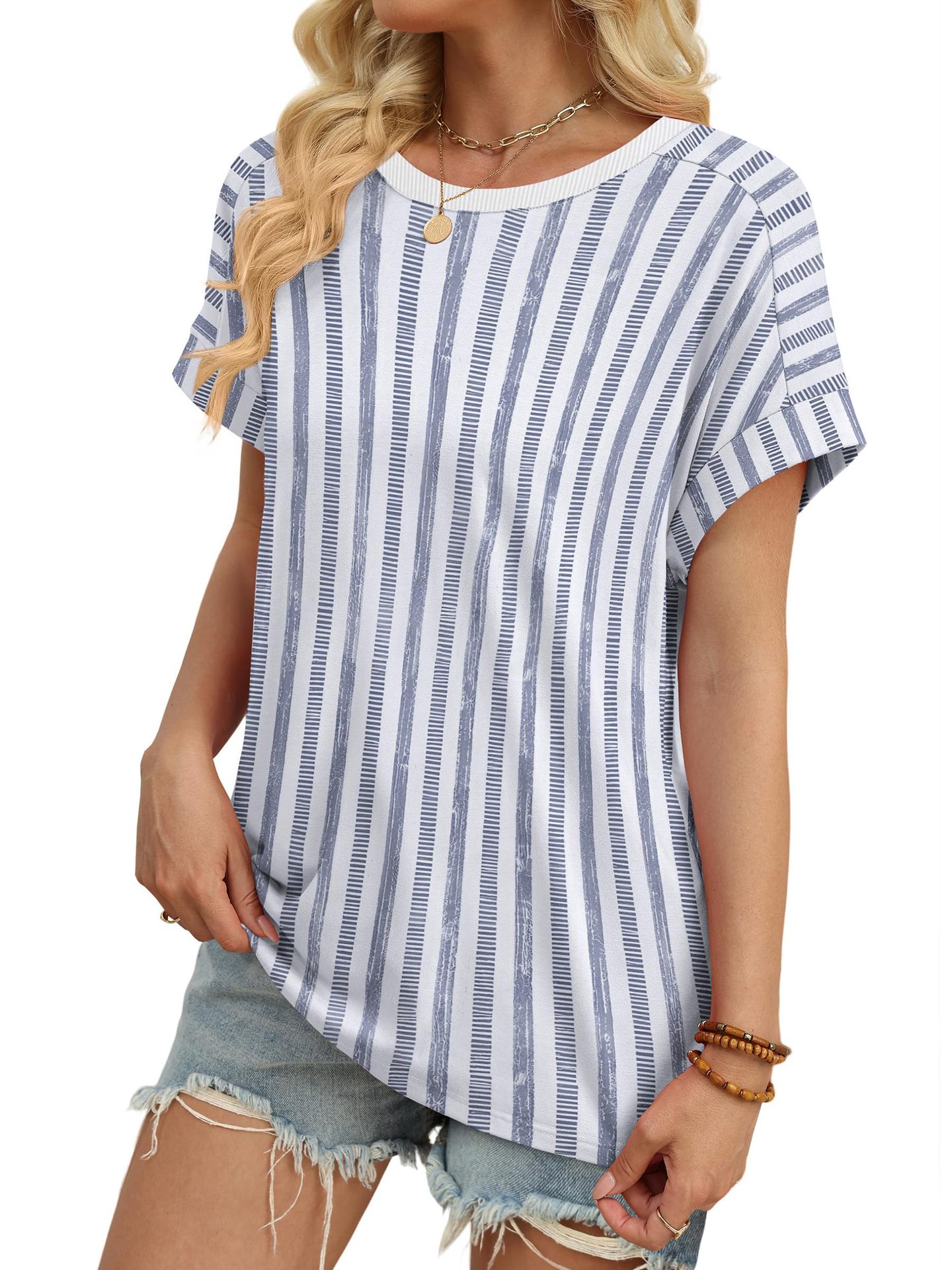 Summer New Women's Round Neck Casual Striped T-Shirt Short Sleeve Top American Style_ecoleips.com