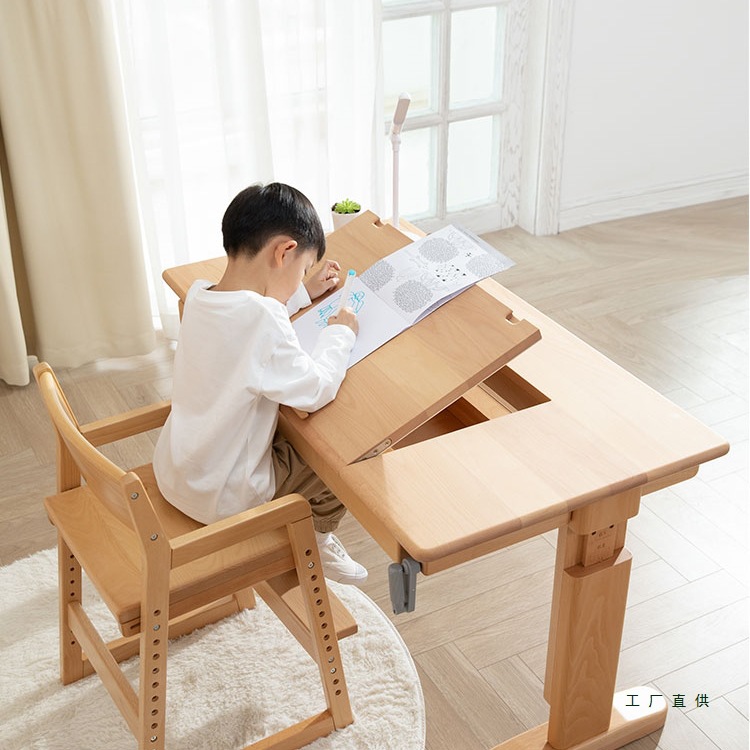 Solid Wood Children's Desk Study Table Liftable Household Small Size Table and Chair Set for Junior High School and Primary School Students