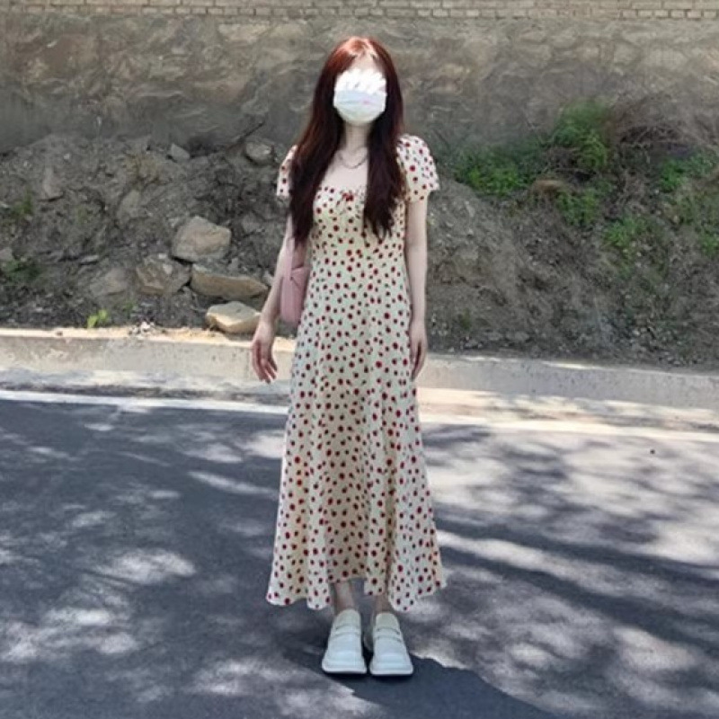 フランスのハイエンドウエスト花柄ドレス女性の夏の新しいスタイルの背の高い人向けのスリムなスクエアネックスカート|undefined