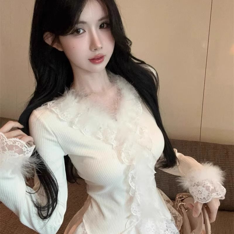 Spring and Autumn New Fashion American-Style Furry Lace V-Neck Slim-Fit Chic and Beautiful Long-Sleeve Top for Women