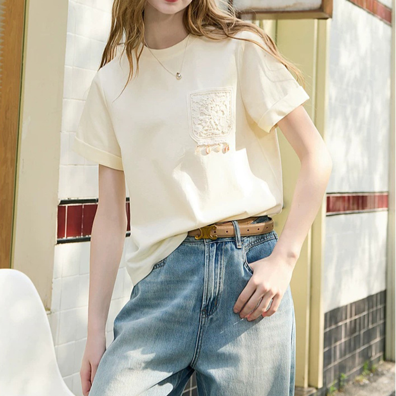 2026 Summer New Casual T-Shirt with Lace Pockets, Regular Shoulder Short-Sleeve Top, Loose Fit for Women W412Hm408Z20