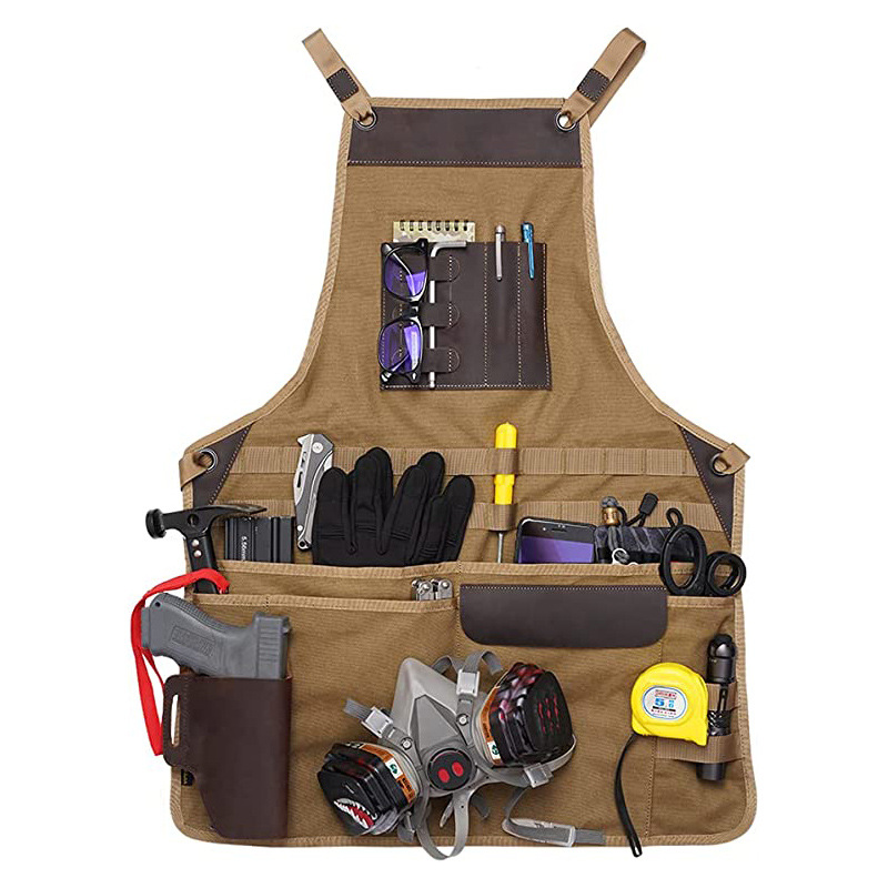 Delantal de lona gruesa transfronteriza personalizado logotipo anti-sucio anti-desgaste de doble bolsillo herramientas de ropa de trabajo de carpintería delantal al por mayor