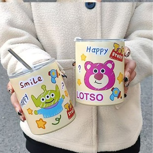 Cartoon handy glass high-value girl heart portable cute strawberry bear coffee cup with lid straw water cup