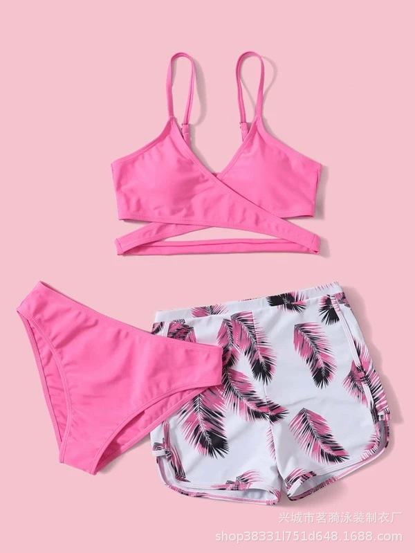 Bikini de moda europea y americana, 3 piezas, multicolor con estampado de plumas dobles, estilo sexy