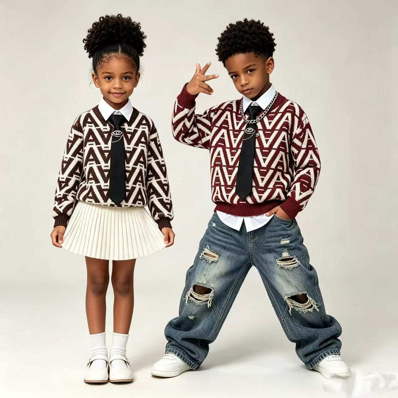 Children's 2026 Autumn/Winter New Style Knitted Pullover Sweater, Korean Style, Boys and Girls, Round Neck, A-line Letter Long Sleeve Top