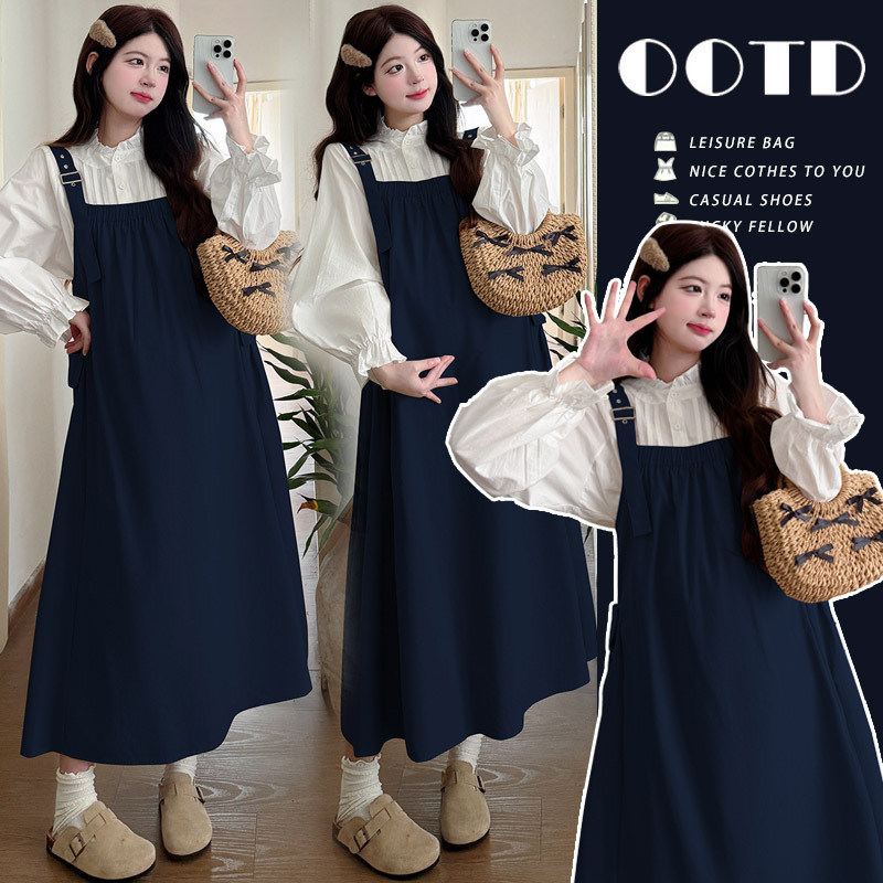 Maternity Autumn Dress Trendy Mom New French Loose Plus-Size Belly-Covering Suspender Dress Set Spring and Autumn Two-Piece Set Maternity Autumn Dress Trendy Mom New French Loose Plus-Size Belly-Covering Suspender Dress Set Spring and Autumn Two-Piece Set