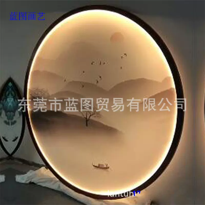 定制双面半中低不透明纱布画心发光金属圆框隔断玄关屏风背景挂画