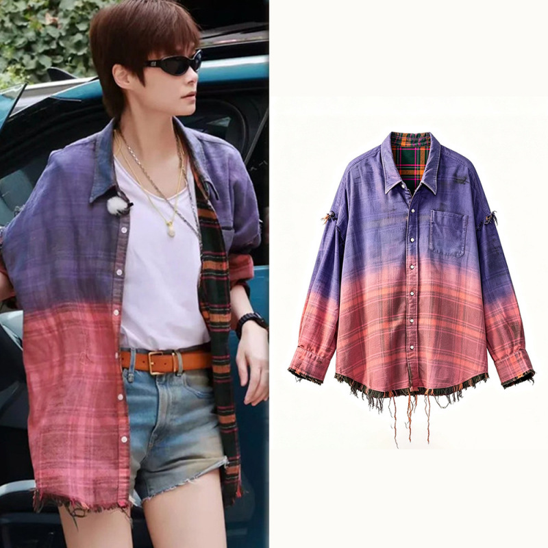 2026 Autumn New Niche Retro Gradient Tie-Dye Plaid Shirt for Women with Distressed Ripped Edges and Tassels 2026 Autumn New Niche Retro Gradient Tie-Dye Plaid Shirt for Women with Distressed Ripped Edges and Tassels