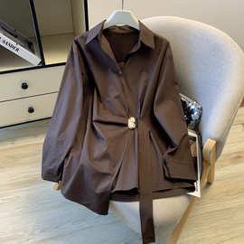 2026新款春季新款设计感小众金属装饰收腰显瘦宽松长袖衬衫女上衣