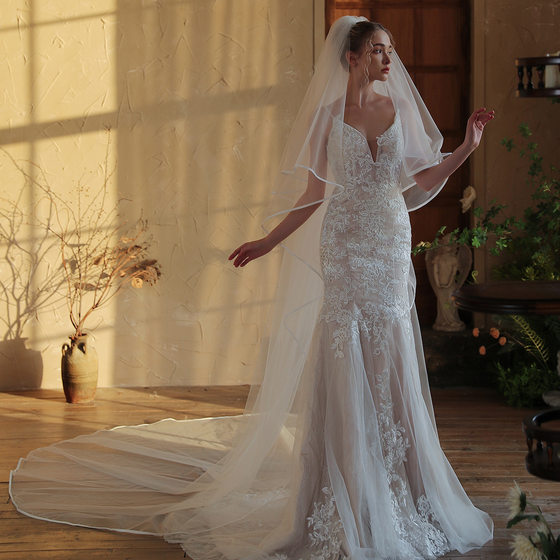 V395 long main wedding dress bridal veil white double-layer edging 3 m trailing tour pat puffy veil