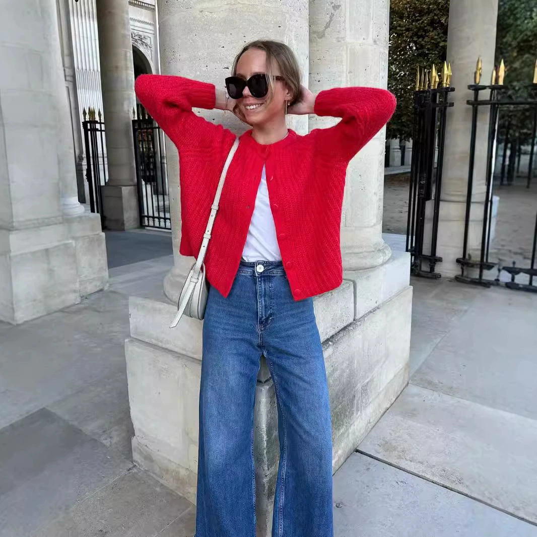 DA трансграничный женский европейский и американский стиль, осень 2024, новый однотонный кардиган, вязаный свитер с длинными рукавами, куртка для женщин