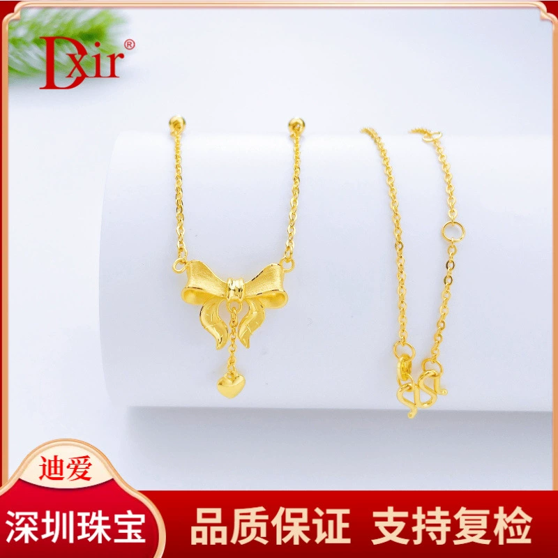 Чистое золото 9999 [Премиум] Регулируемый набор цепочек с бантом и сердечками из матового золота. Гарантия подлинного золота.