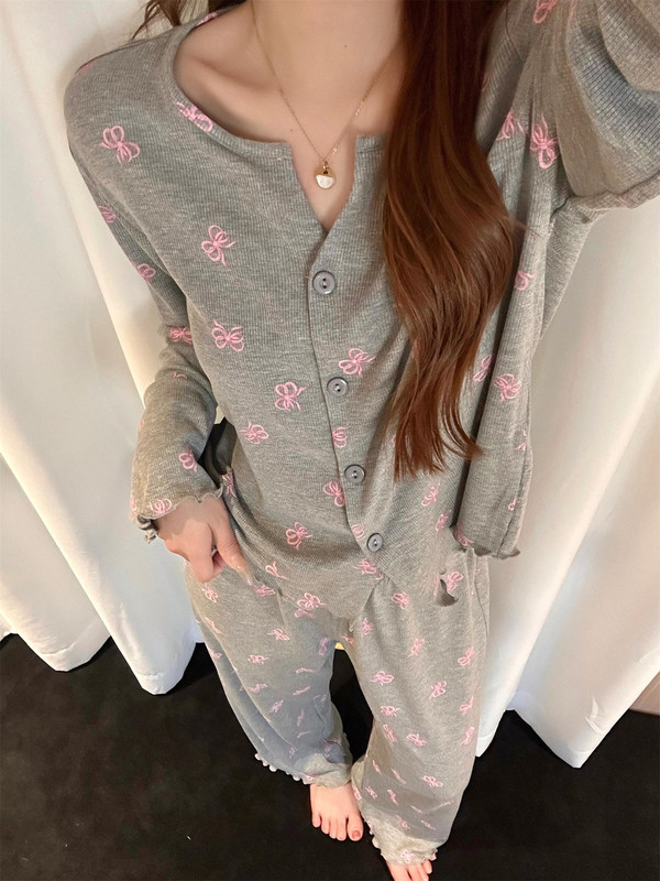 韩版甜美蝴蝶结印花莫代尔睡衣女2025新款大码舒适长袖家居服套装|undefined