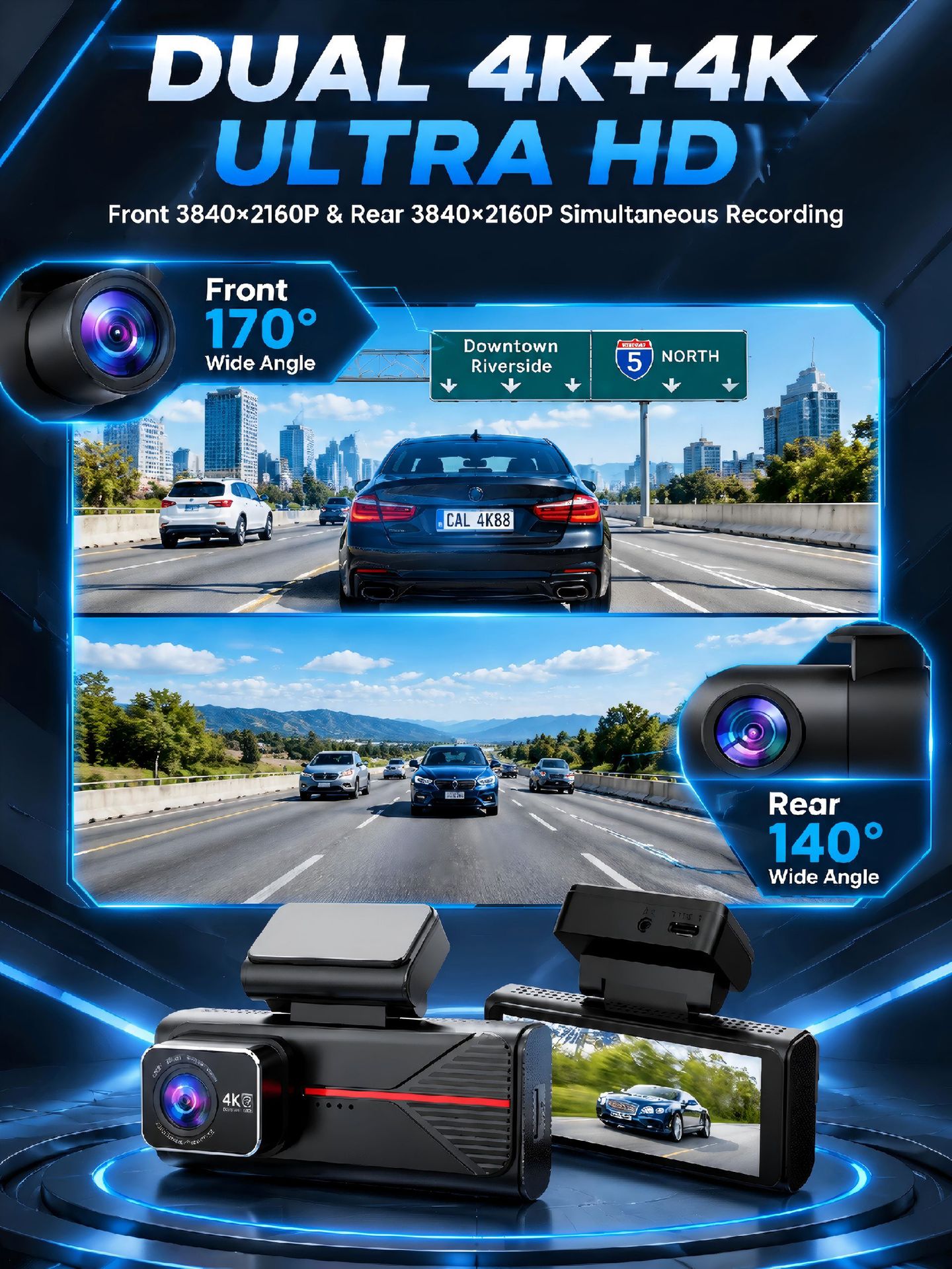 New cross-border dual 4K front and rear recording, Wi-Fi connectivity, GPS tracking, ADAS, and high-definition dashcam with BSD