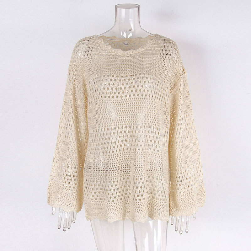 287g Weight Sunscreen Shirt Outerwear Type Long Sleeve Sleeve Length Pullovers Placket Type Cotton Blend, Polyester, knit Fabric Type Regular Top Length Round Neck Neckline Trumpet, Solid Color Pattern Spring&Summer Season Women's Gender Beach, Roman Style Style Women's Trumpet Solid Color Beach Roman Style Cover Ups 19