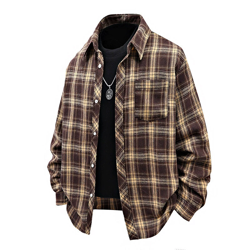 2025 весенняя внешняя торговля новый гонконгский стиль мужской клетчатой рубашки с длинными рукавами мужская повседневная свободная рубашка с лацканом