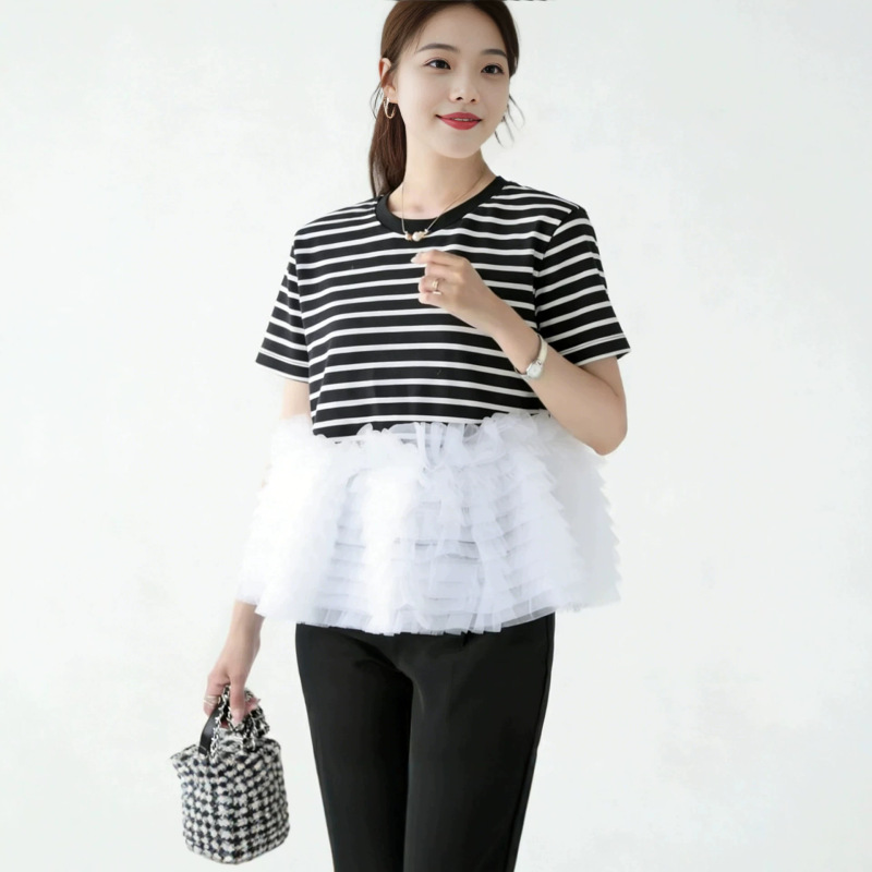 Foreign Trade Cross-Border Japanese-Style Personalized Black and White Striped Patchwork Pleated Mesh Skirt Short-Sleeve T-Shirt Blouse for Women Summer