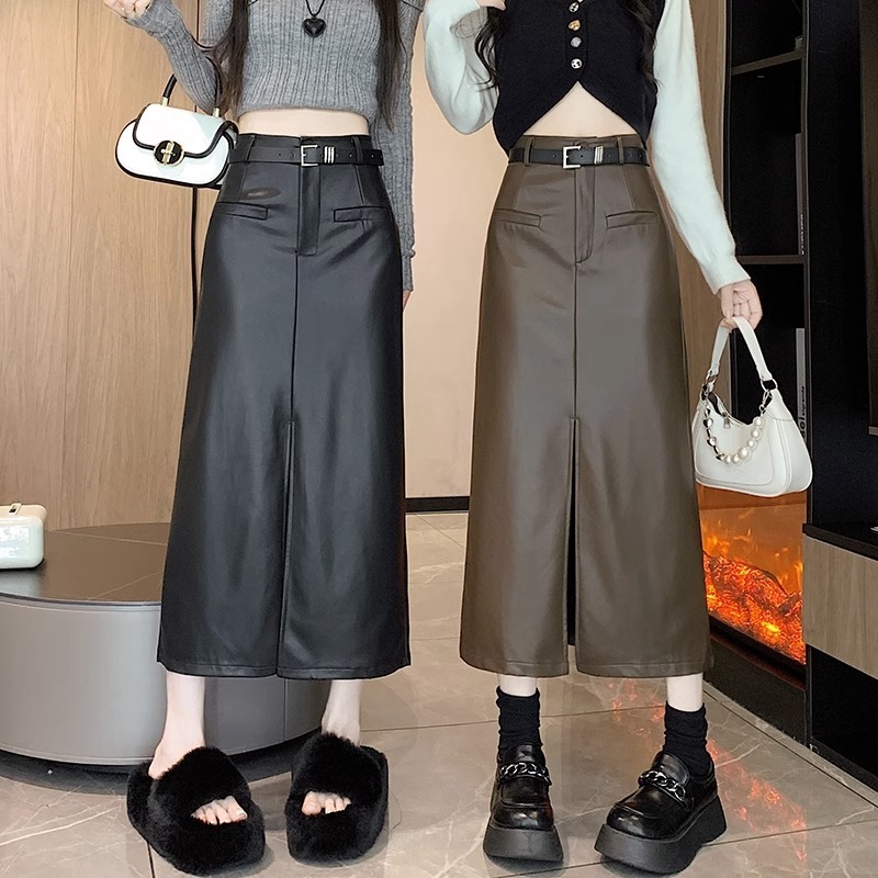Vintage Coffee Brown Leather Skirt Women's Spring Summer Medium Length High-Waisted Slimming Casual Slit Zipper Bustier Long Dress