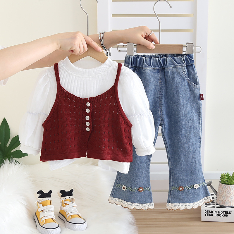 Set di tre pezzi con gilet e maglione per bambine 2025, nuovo abbigliamento per bambini alla moda per la primavera e l'autunno._voghion.com