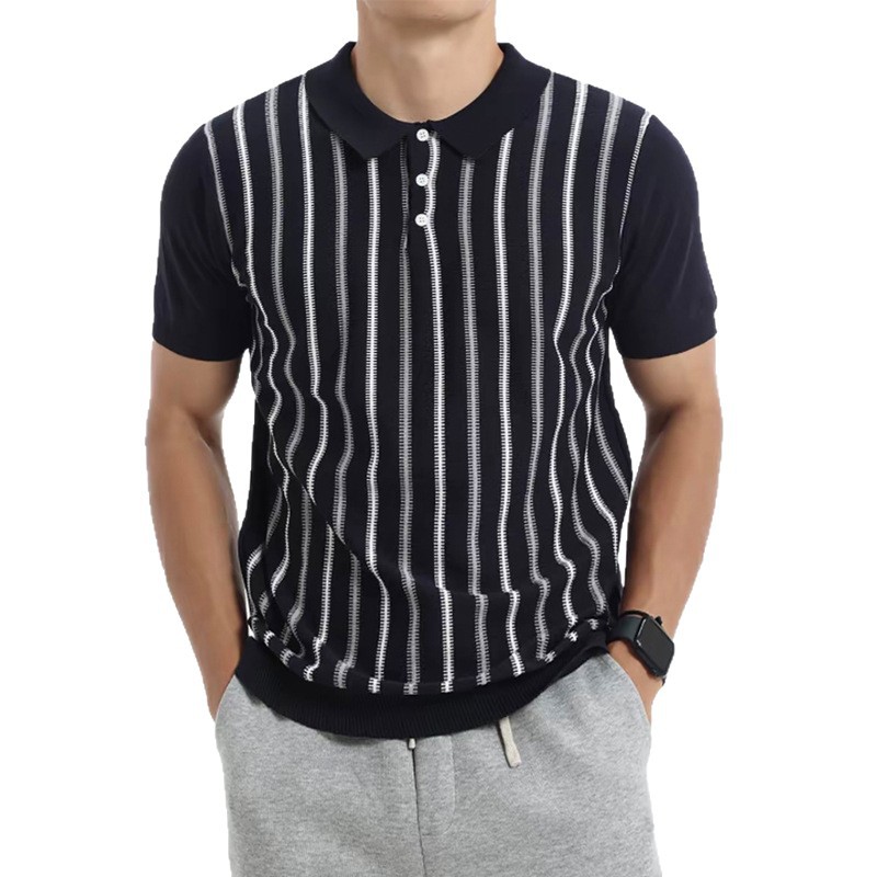 Polo camiseta de punto camiseta de manga corta camiseta de hombre solapa vertical rayas viejos negocios hielo seda fábrica transfronteriza al por mayor