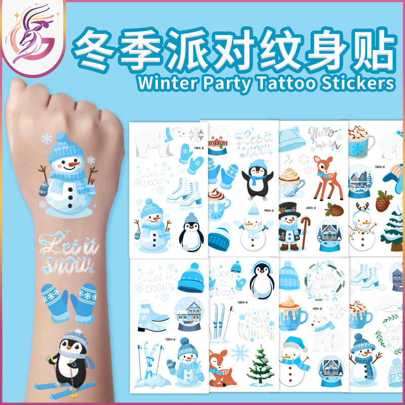 Winter Party Tattoo Stickers Blue Series Penguin Snowman Christmas Tree Temporary Tattoo Stickers for Party Dress Up