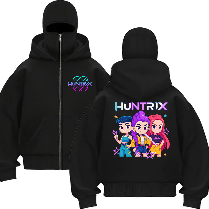 Kpop Hunter Girls Group American Double Cap Hoodie Balaclava Zipper Street Sports Sweatshirt 0906-5