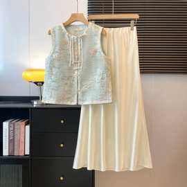 好质量中式汉服复古圆领重工提花刺绣马甲搭配国风改良半身裙套装