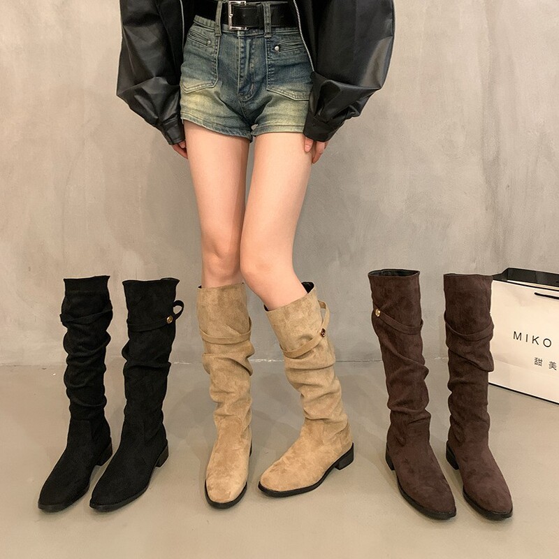 French-Style Chunky Heel Apricot Suede Slouch Boots for Women 2025 New Spring, Autumn, and Winter Versatile Slim Long Boots