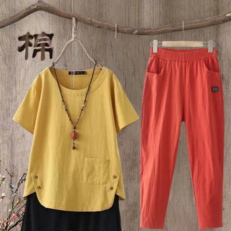 Ретро хлопковый и льняной костюм женский летний новый западный стиль плюс размер свободный стройнящий темперамент Повседневный Топ брюки костюм из двух частей