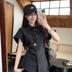白色短袖POLO领衬衫女装夏季设计感收腰显瘦衬衣简约百搭开衫上衣