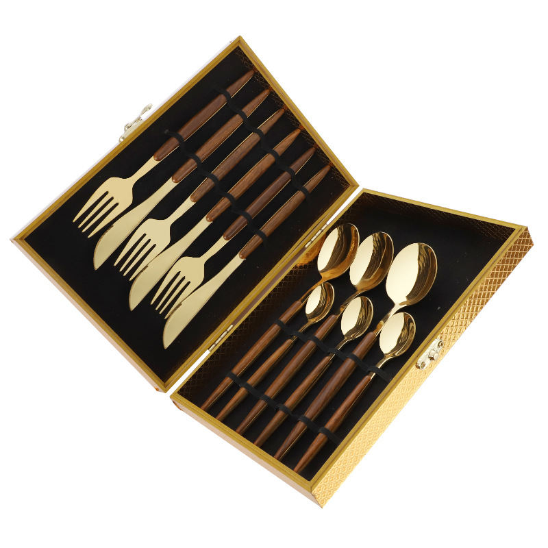 Mango de clip de grano de madera Cuchillo, tenedor y cuchara de acero inoxidable de estilo japonés Traje de vajilla occidental Cuchillo de carne de 16 piezas, tenedor y cuchara Juego de vajilla de 12 piezas