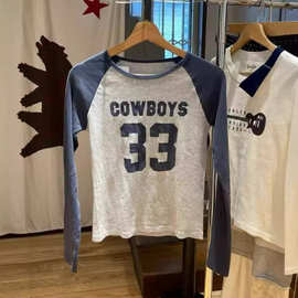 BM风33数字COWBOYS字母印花圆领插肩长袖T恤女bm修身打底衫上衣潮