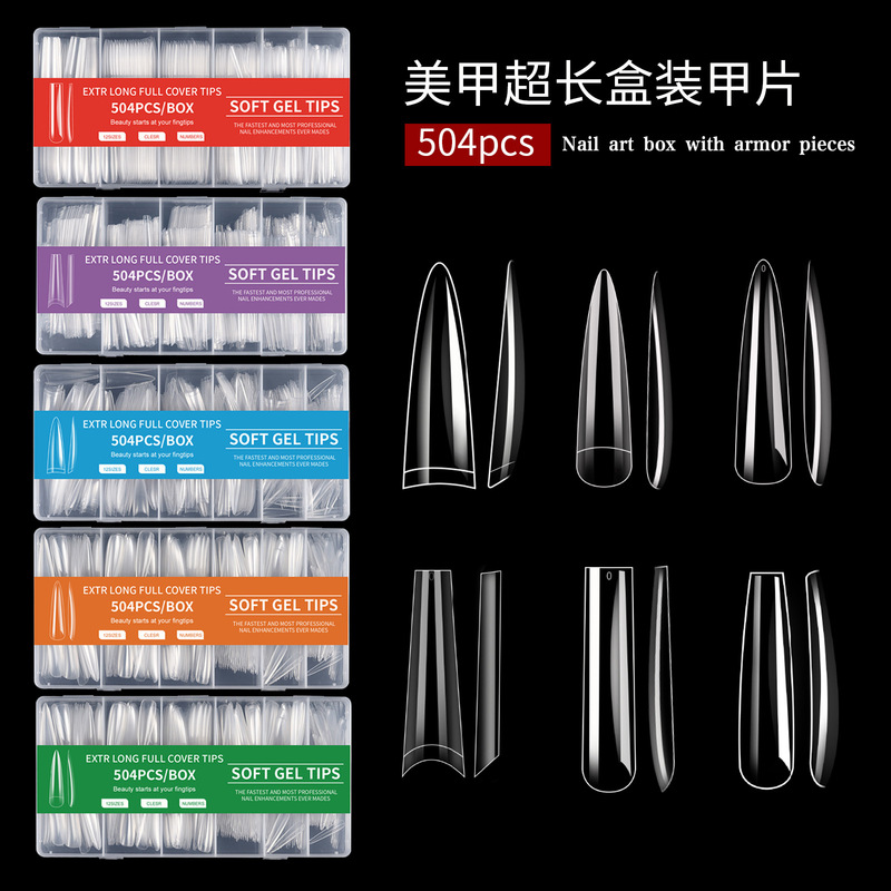 504-piece boxed nail tips, extra-long 3XL, seamless, no filing required, full adhesive false nail tips, transparent nail tips