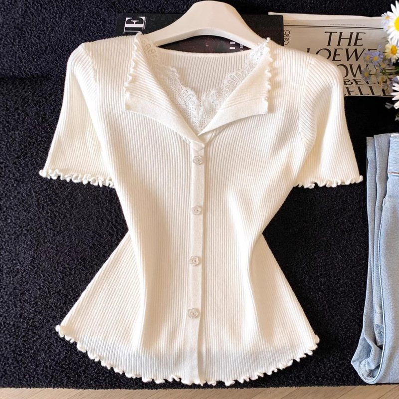 Lace Splicing Short-Sleeved Knitwear for Women 2026 Summer New Style Pure Lust Style Design Knit Short-Sleeved T-Shirt 10652 Lace Splicing Short-Sleeved Knitwear for Women 2026 Summer New Style Pure Lust Style Design Knit Short-Sleeved T-Shirt 10652