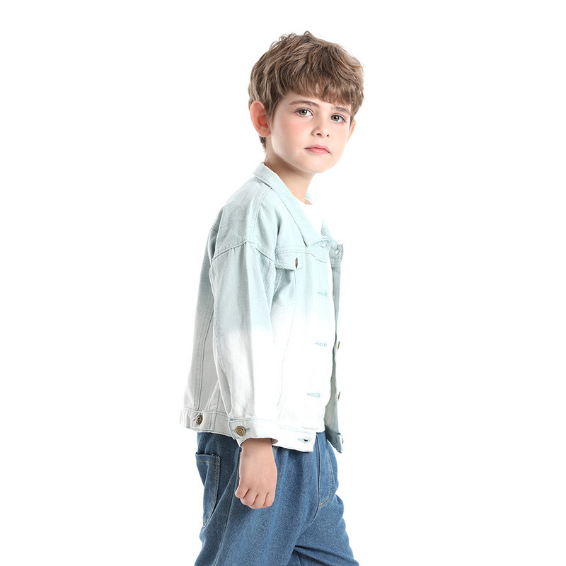 Chaqueta de mezclilla de color degradado para niños, moda de otoño transfronteriza, solapa de manga larga neutral, tops de todo fósforo al aire libre, moda europea y americana