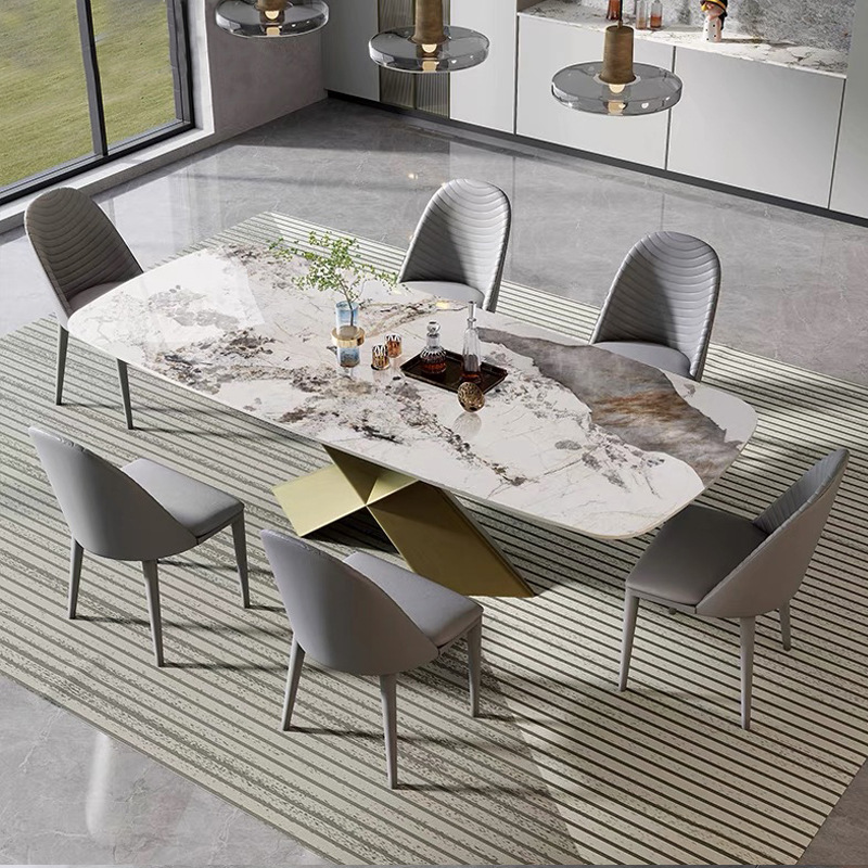亮光岩板餐桌小戶型設計師飯桌北歐現代輕奢家用古銅色餐桌椅組合
