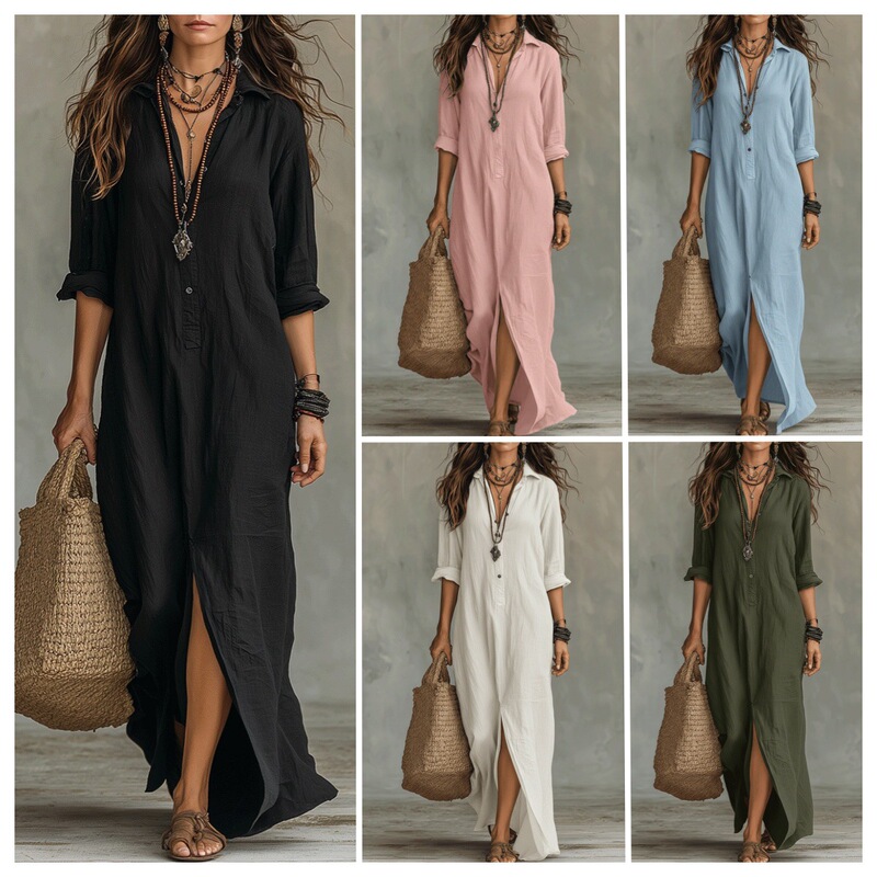 2026 European and American Independent Website Amazon Aliexpress New Spring and Summer Collection Shirt-Collar Floor-Length Casual Slit Long Dress 2026 European and American Independent Website Amazon Aliexpress New Spring and Summer Collection Shirt-Collar Floor-Length Casual Slit Long Dress