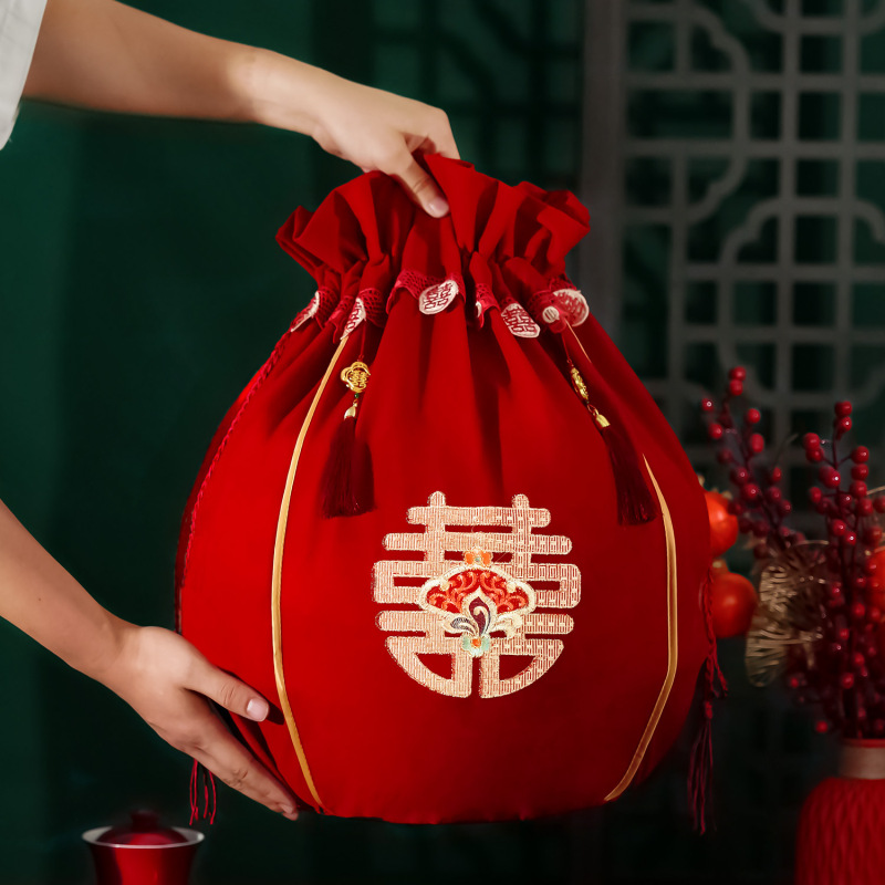 结婚包袱皮刺绣束口福袋女方陪嫁聚宝盆抽拉包裹红布婚庆用品大全|undefined