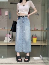 浅蓝色开叉牛仔裙半身裙女新款2024年夏季高腰显瘦a字裙中长裙子