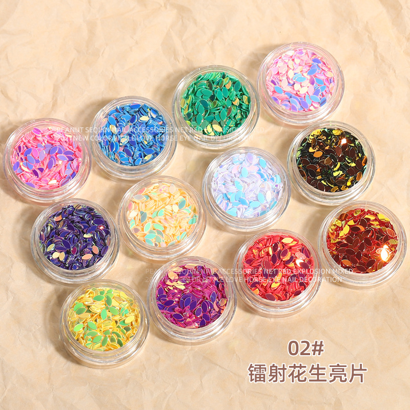 Celebridad en línea láser mariposa lentejuelas nuevo Ojo de caballo rectangular ultra-delgada magia flash uñas joyería 12 colores mezclados traje