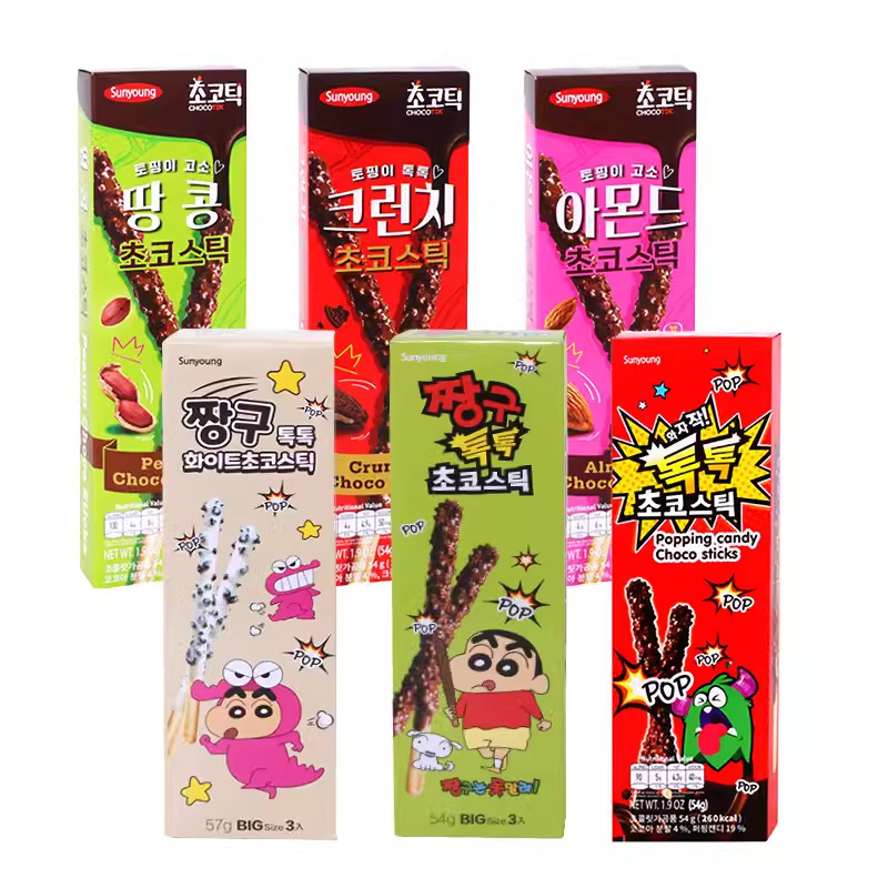 批发韩国进口零食Sunyoung蜡笔小新跳跳糖巧克力饼干棒扁一件包邮