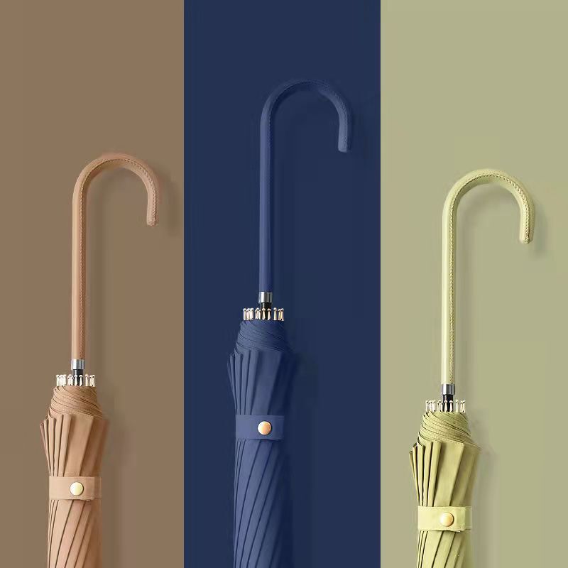 Japanese Style Fresh Style 16-Bone Straight Umbrella Simple Solid Color Leather Curved Handle Women's Sunny Umbrella Business Long Handle Gift Umbrella