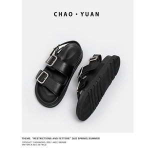 Chaoyuan Sandals Women's 2025 Summer New Flat-Soled Outerwear Fashion Buckle Elastic Thick-Soled Easiest for Match Sandals and Slippers Beach Shoes
