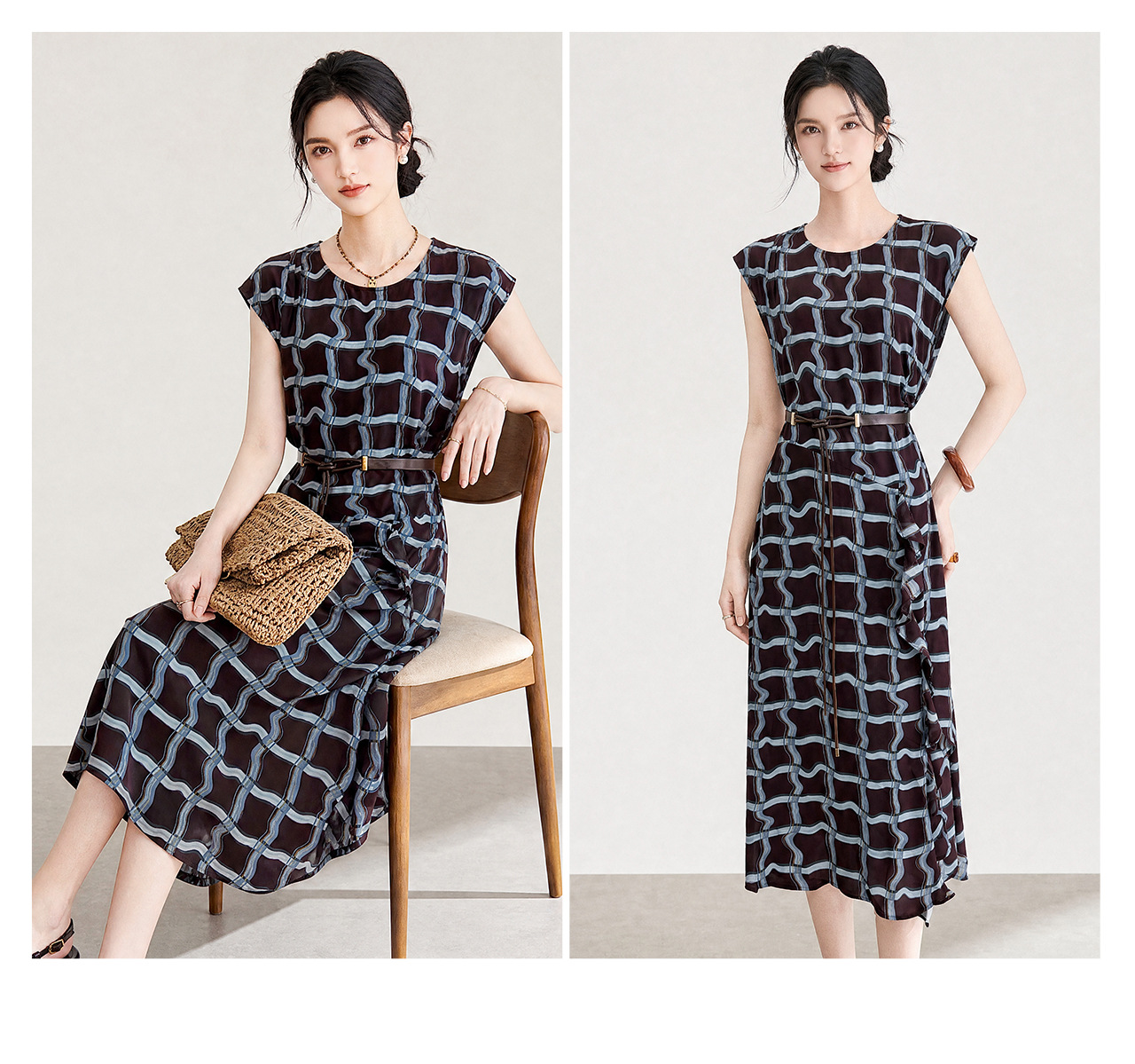 Đầm maxi nữ cổ điển họa tiết kẻ ô vuông, không tay, eo thắt dây, dáng suông dài — xanh lam chi tiết 20