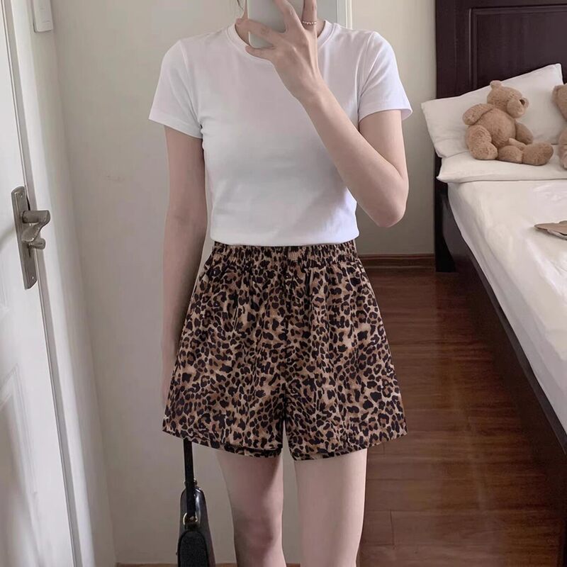 Casual Leopard Print Wide-Leg Shorts for Women, 2026 Summer New Style, Plus-Size, Elastic High-Waist, Slimming A-Line Hot Pants