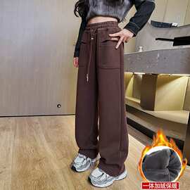 女童秋装休闲裤2024春秋新款儿童中大童加绒宽松窄版直筒阔腿卫裤