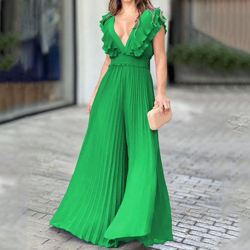V-neck pleated ruffled long skirt image 5