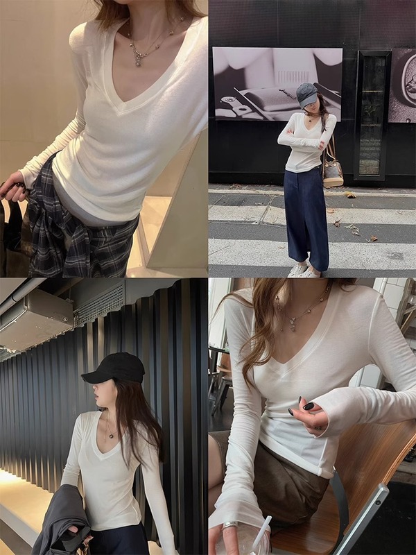 2607# superniniyy 半熟芝士微纯欲感纸片人v领兰羊毛t恤打底衫|undefined