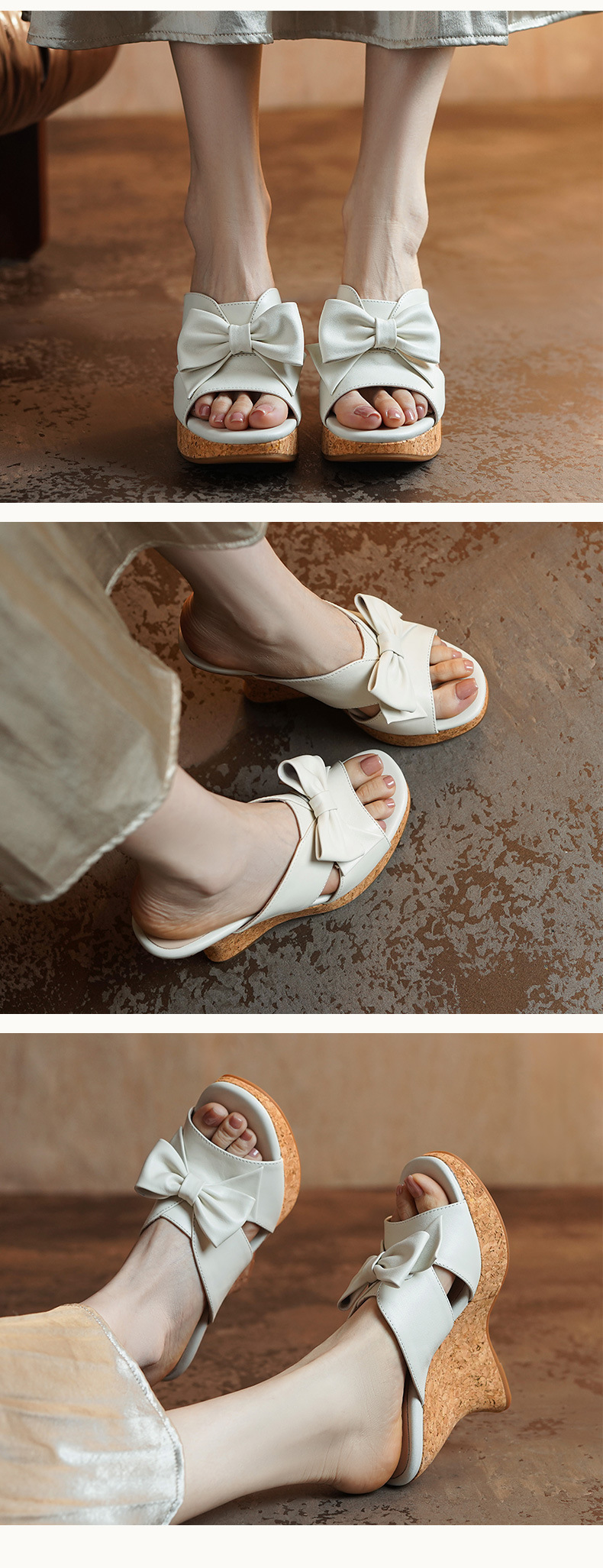 Sandal cao gót nữ hở mũi phong cách cổ điển nơ bướm đế xuồng — màu trắng ngà, màu mơ chi tiết 4