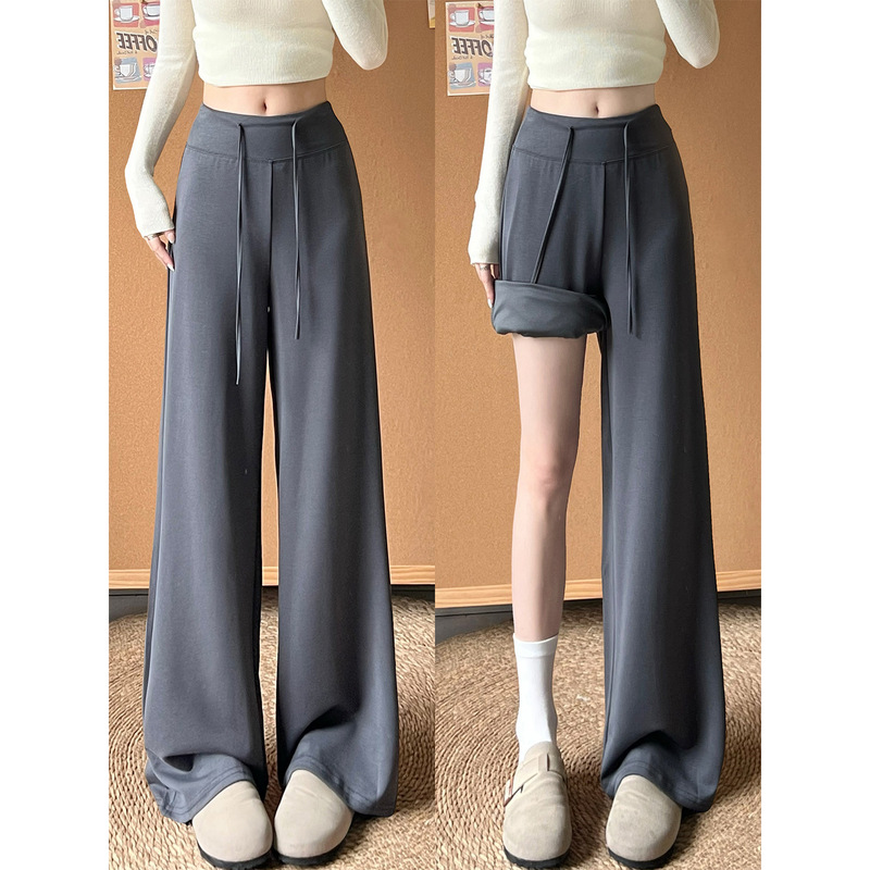 Korean-style drawstring, flowing charcoal gray casual wide-leg pants for women, autumn 2026 new collection, high-waisted, slimming, straight-leg athletic pants